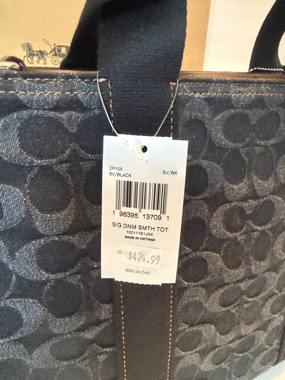 Coach Black Signature signature Smith Tote with Tan Leather Tag